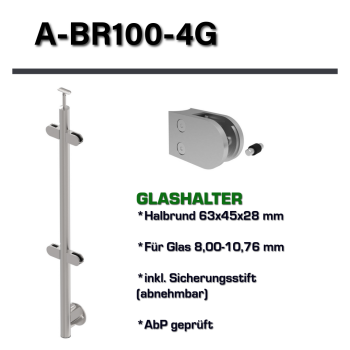 Edelstahl Geländerpfosten Mittelpfosten Ø42,4 Bauhöhe 1000mm mit 4x Glasklemmen 63x45mm vorgesetzt Geländer V2A